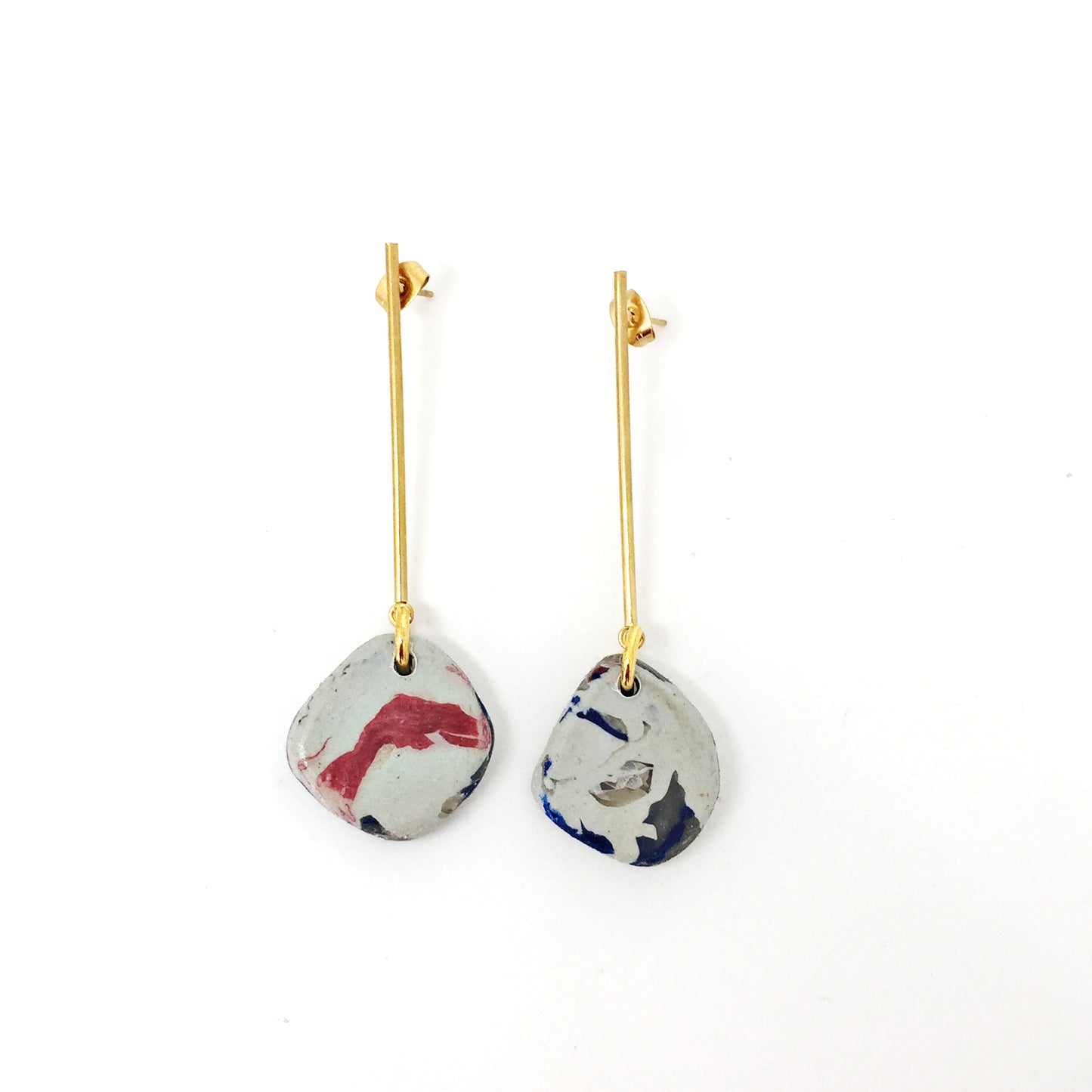 Gold Stick Stud Earrings With Red Recycled Marble Drops