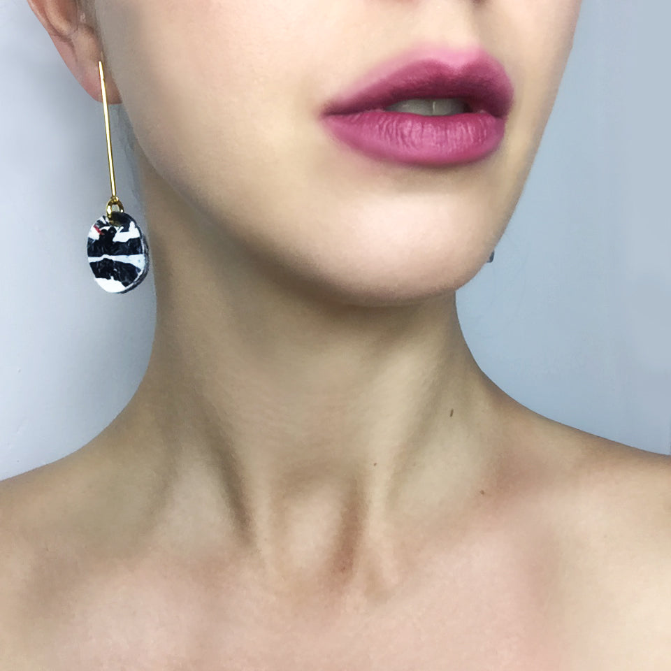 Marble Bar Stud Earrings With Recycle Coin Drops