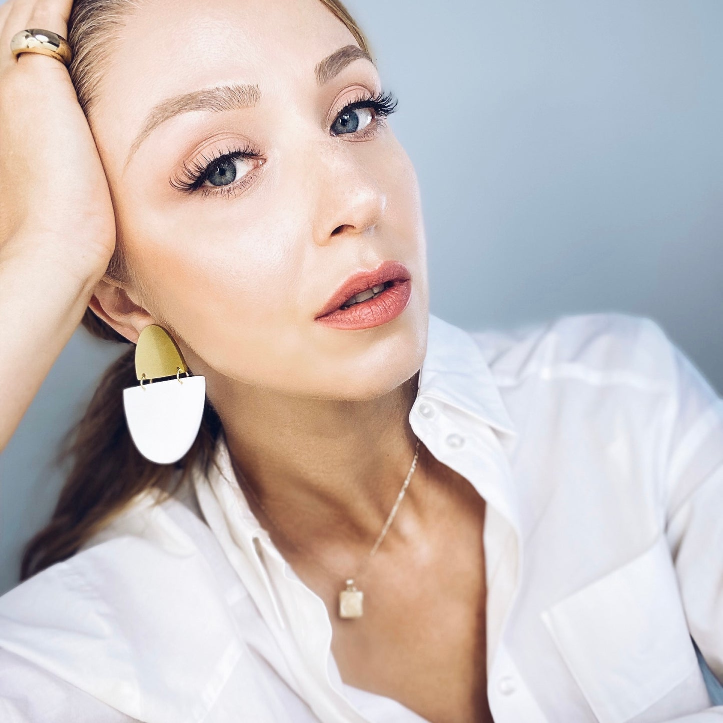 Block Geo Earrings in White and Gold