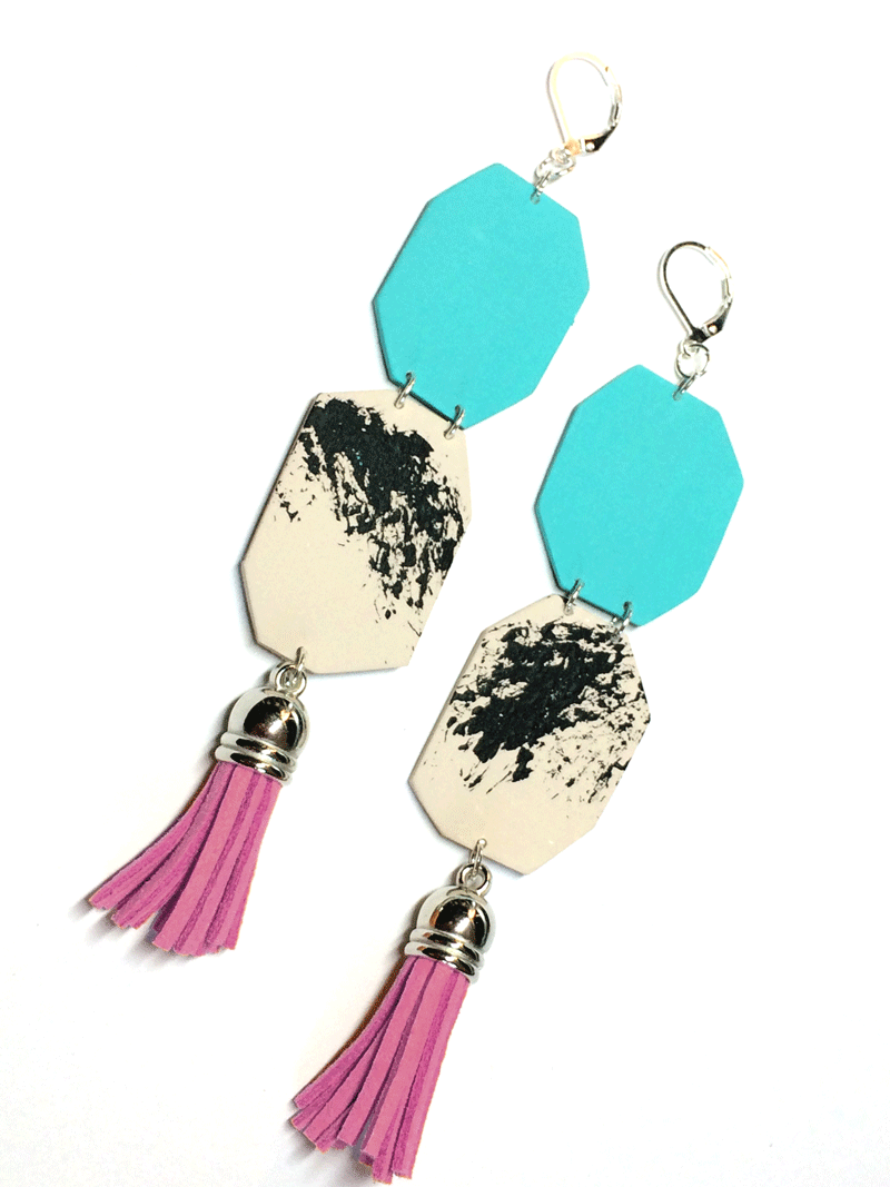 pink-tassel-earrings-geometric-turquoise-shape