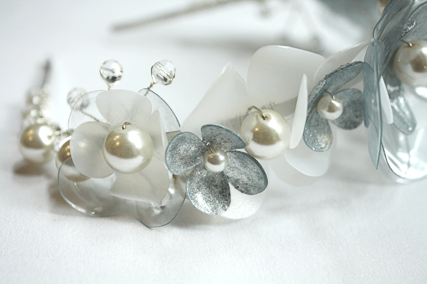 handcrafted floral tiara in white and silver